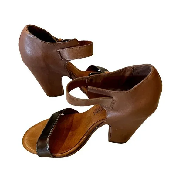 LATITUDE I FEMME Italian Natural Leather & Metallic Block Heels Size 37 or 7.5 - Picture 6 of 14